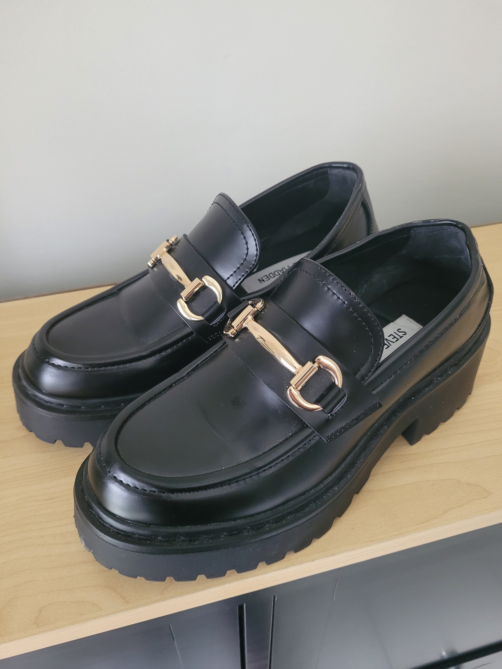 Steve Madden Black Leather Lug-Sole Loafers with Gold Bit